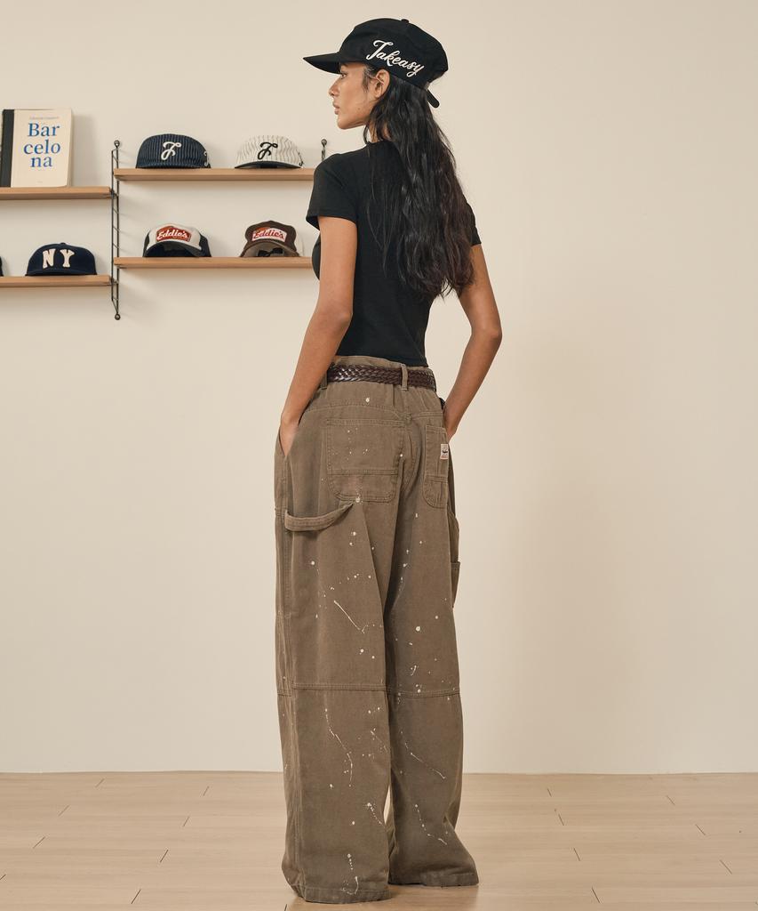 TAKEASY Damaged Painted Carpenter Pants (Deep Olive)