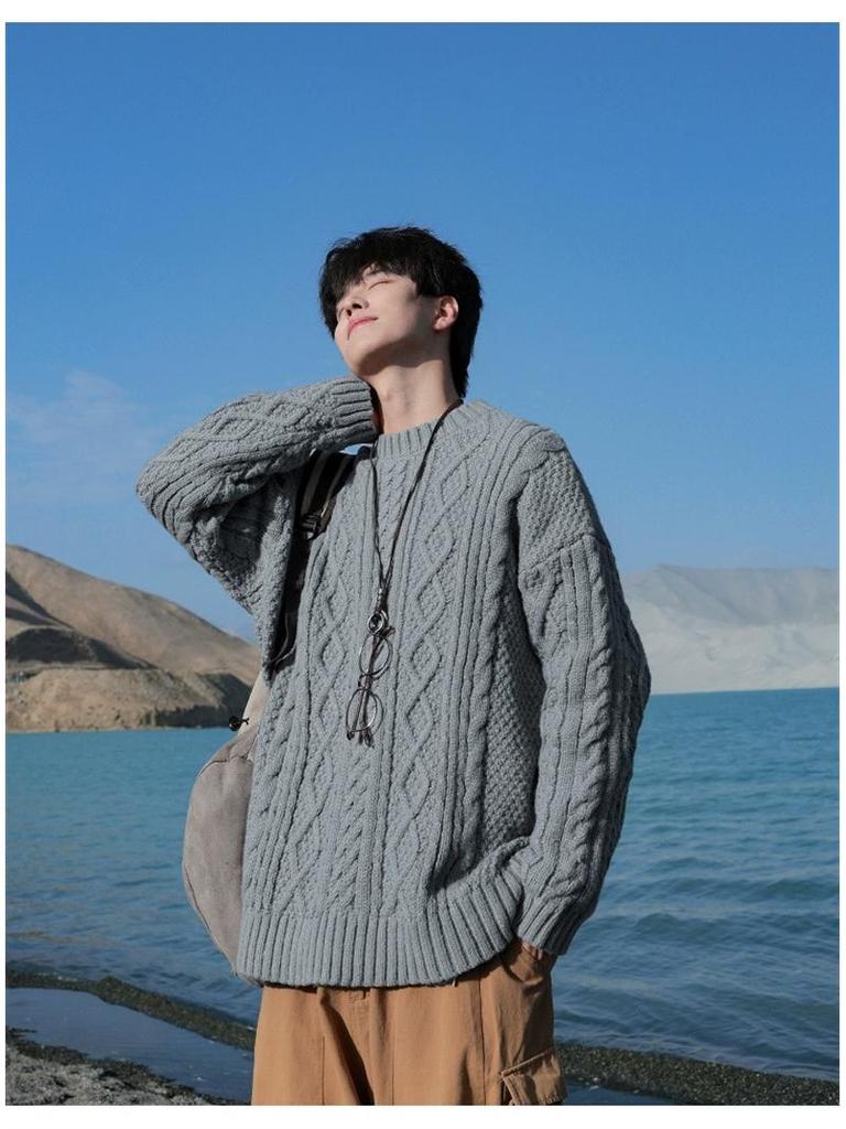 Men's Japanese Retro Hong Kong Literary Knit Sweater - Twisted Pattern, Round Neck, Autumn Casual