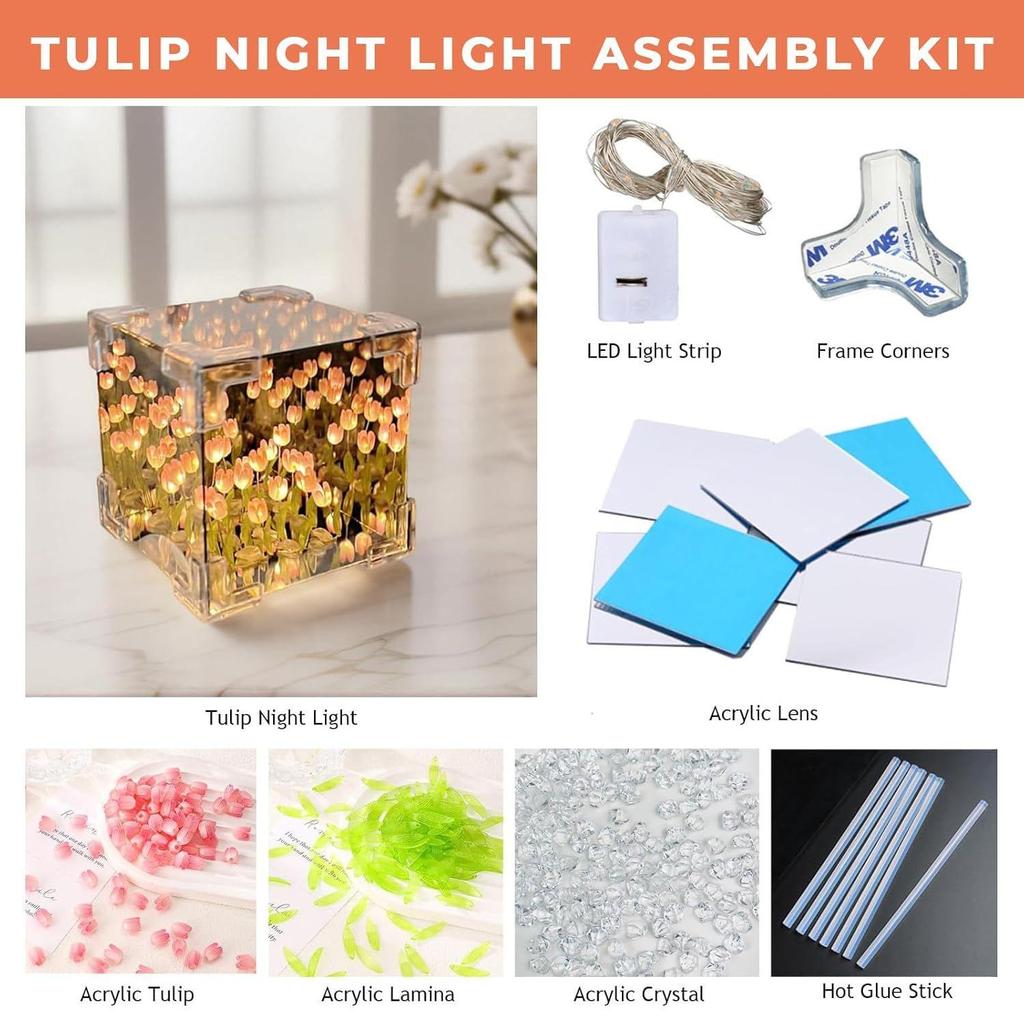 Tulpenwürfel Spiegel Lampe, 30 Blumen LED Dekorative Lampe, 2 in 1 Spiegel & Tischornamente für Schlafzimmer Wohnzimmer Schreibtisch Dekor Geburtstagsgeschenk