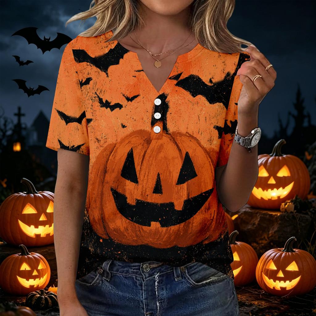 Women Casual Halloween Print V Neck Short Sleeve Button Decor T Shirt Top Lightweight Comfortable Fashionable Design