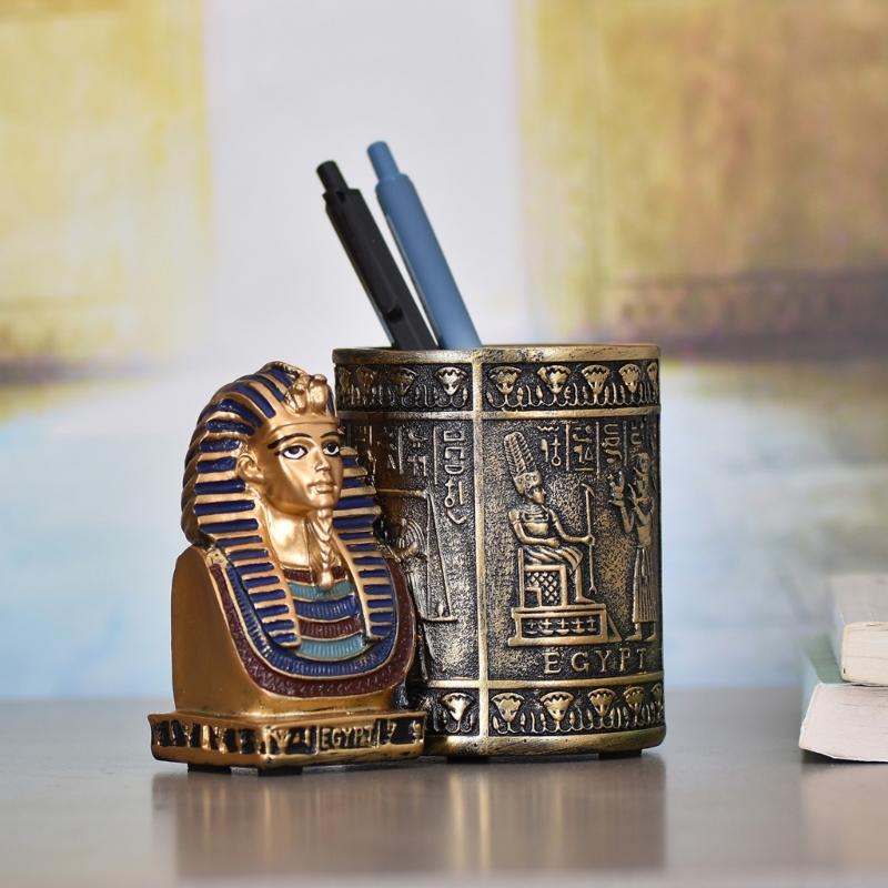 Egyptian Themed Decorative Pen Stand With Intricate Design Resins Craft Pencil Holder Organizers For Modern Home Accent