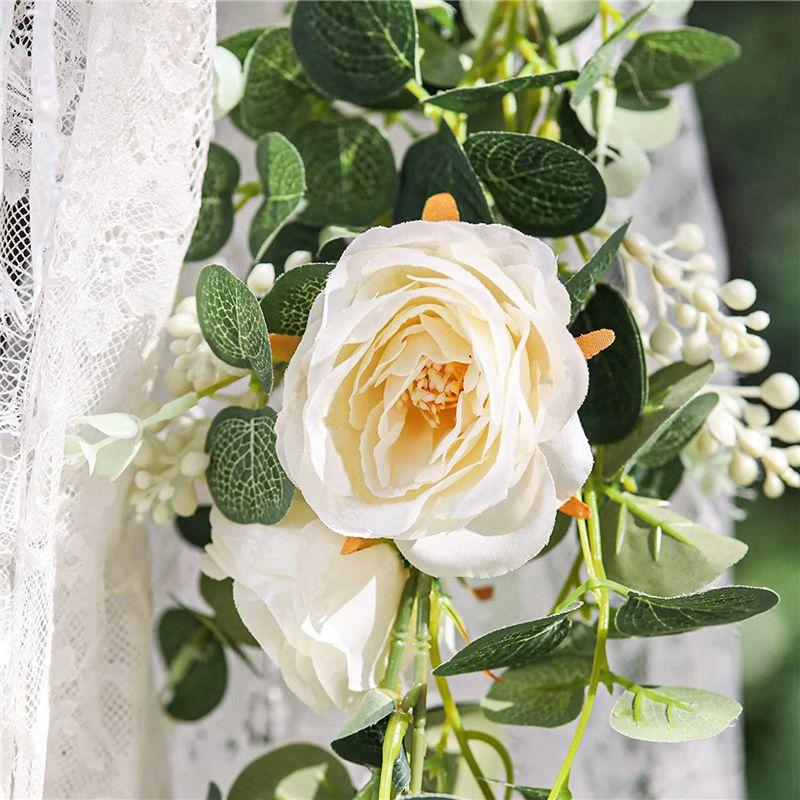 A84E-4 Pack Eucalyptus Garland With Champagne Rose, Greenery Garland Bulk Artificial Silk Floral Eucalyptus Leaves Vines(A)