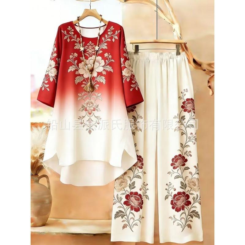 1116 European and American plus-size women's new vintage bohemian style round neck mid-sleeve set