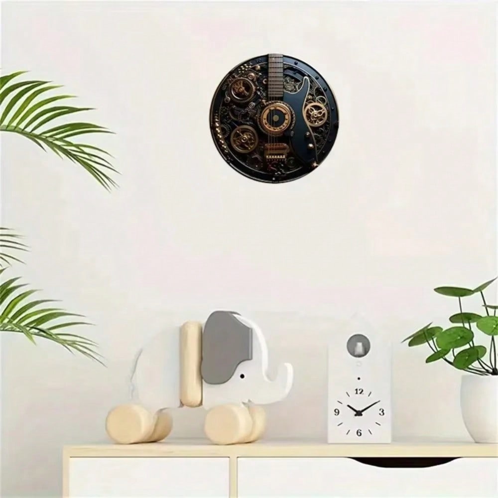 Arte da Parete Rotonda Steampunk Guitar Music Gear Metallo Decorazione per Casa Ufficio
