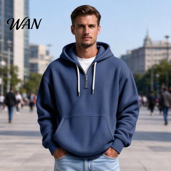 Easy Wear Versatile Outerwear Men Waffle Texture Sweatshirt, Loose Fit Long Sleeve Pullover Tops with Oversized Knit Sweatshirt for Front Pocket,