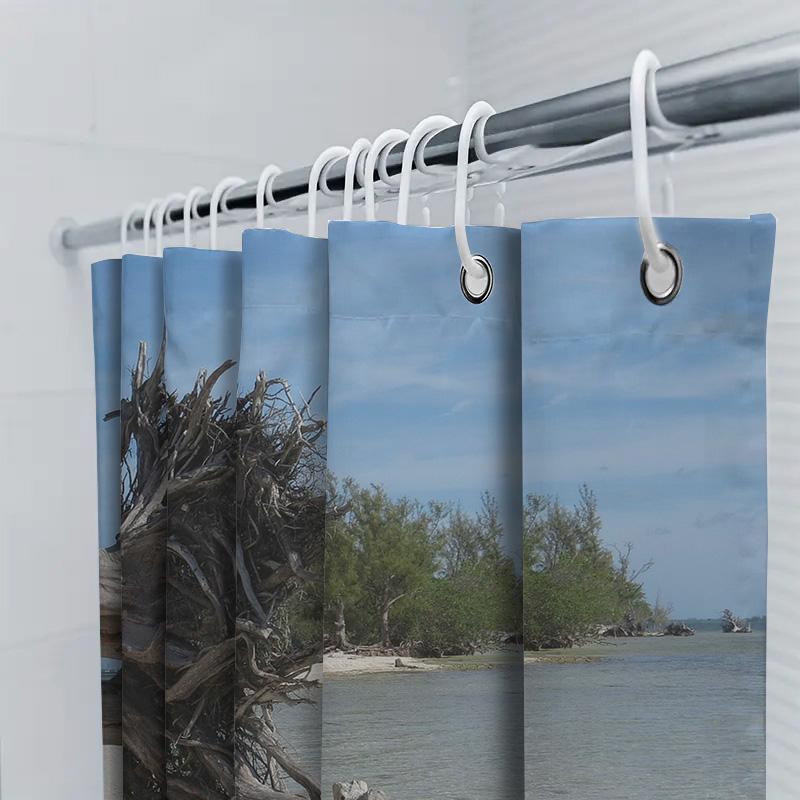 Beach Wood Log Shower Curtain Waterproof Bathroom Decor Blue Sky Tree Trunk Print Fabric Shower Panels Bathtub Liner Decoration