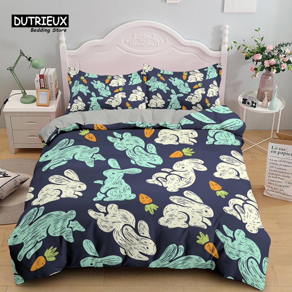 Soft Easter Eggs Print Duvet Cover Happy Easter Cartoon Rabbit Toddler Bedding Sets Twin King Queen Size Microfiber Quilt Cover