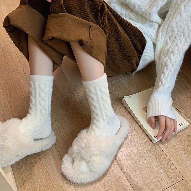 New Soft and Fluffy Fluffy Socks Autumn Winter Thicken and Thickened Macaron Color Mid Calf Sock for Cold Protection Solid Color