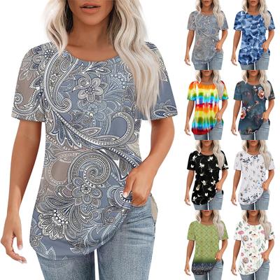 T Shirts For Women Pleated Round Neck Dressy Casual Blouses Printing Short Sleeve Summer Tops Loose Fit