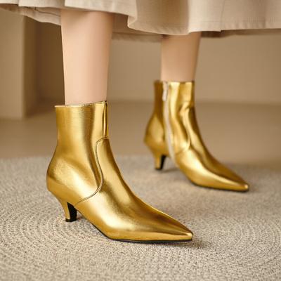 Autumn and Winter Women's Large Size Boots Medium Heel Pointed Solid Color Thin Heel Women's Boots 48 Yards 2025 European Beautiful Women's Leathe