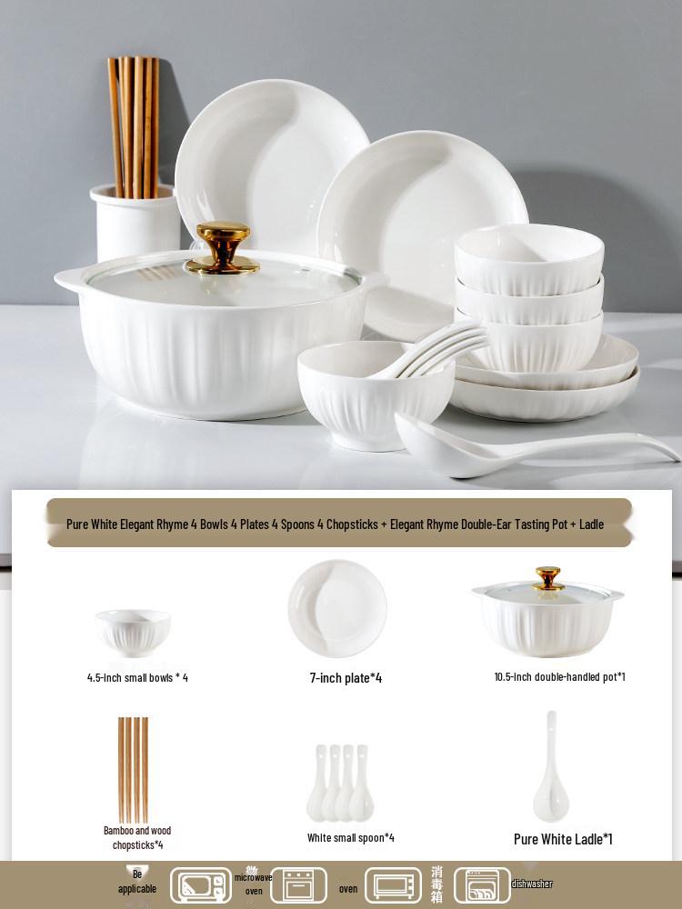 Pure White Ceramic Tableware Set: Dinner Bowls, Rice Bowls, Plates, Dishes, and Double-Ear Soup Bowls for Home Use.