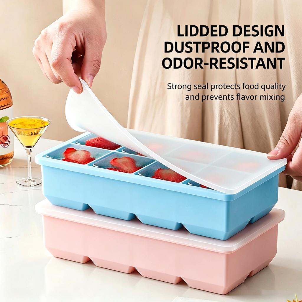 8 Grid Large Ice Cube Trays Silicone Easy-Release Flexible Ice Cube Molds with Lids Big Square Ice Tray for Whiskey and Cocktail