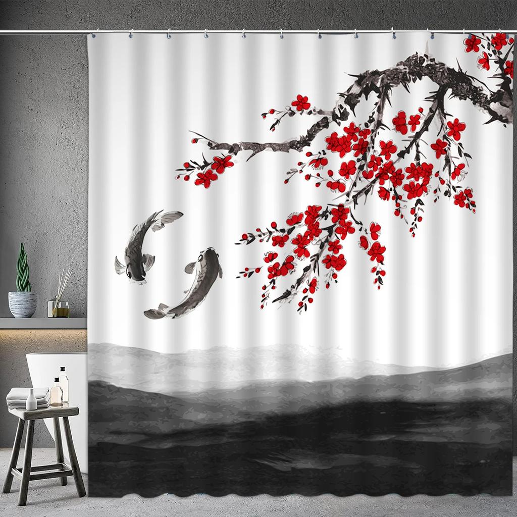 Asian Shower Curtain Japanese Traditional Black and White Mt. Fuji Cherry Blossom Fish Waves Red Sun Octopus Bathroom Decoration