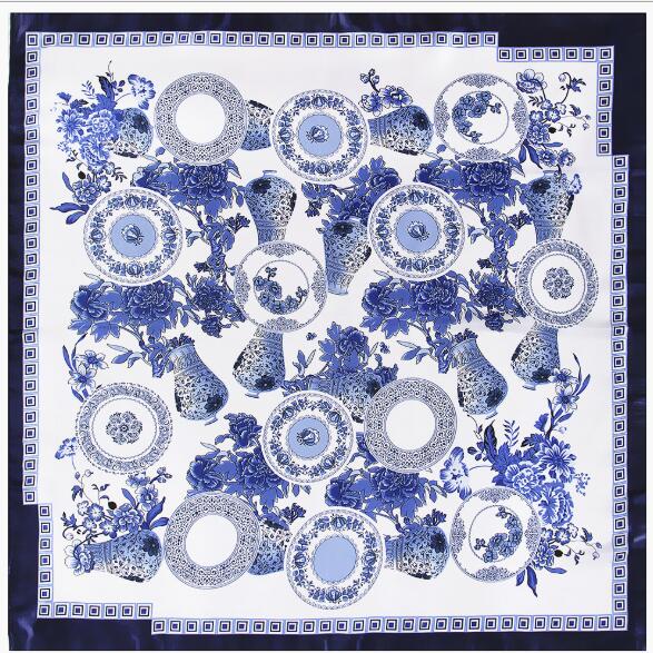 New 90cm Women Silk Scarf Chinese Blue and White Porcelain Print Square Neck Scarves Lady Foulard Head Band Large Handkerchief