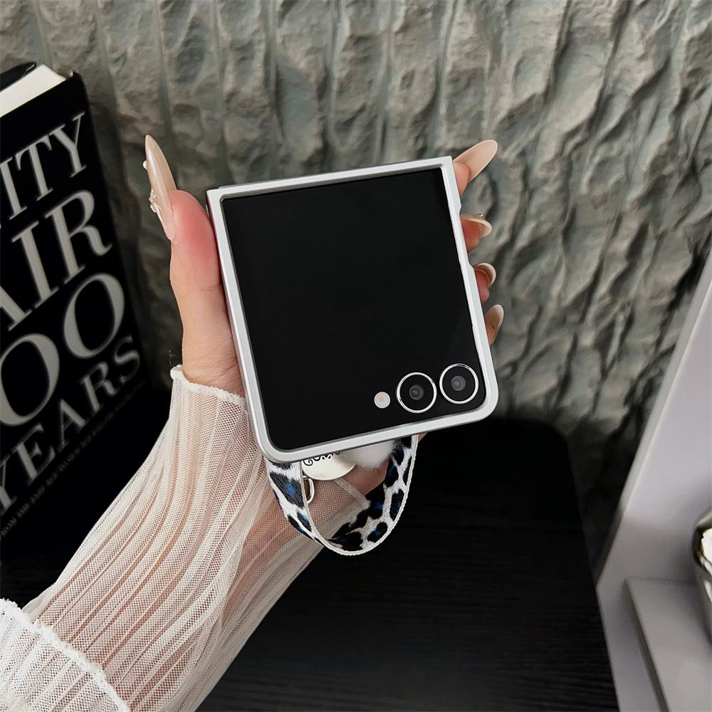 For Samsung Galaxy Z Flip7 5G Case Leopard Print Leather+PC Phone Cover with Guitar Pendant and Strap