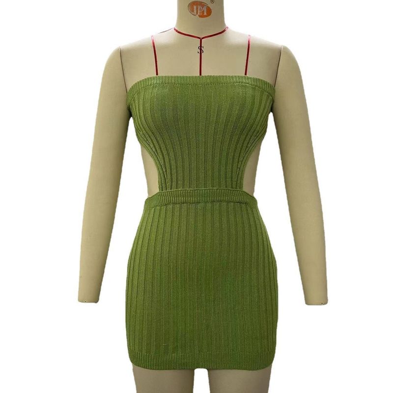 

Knitting Strapless Dress 2024 Summer New Arrival Stylish European and American Women s Clothing Pure Color Hollow Sexy Open Back Sheath Dress Green L
