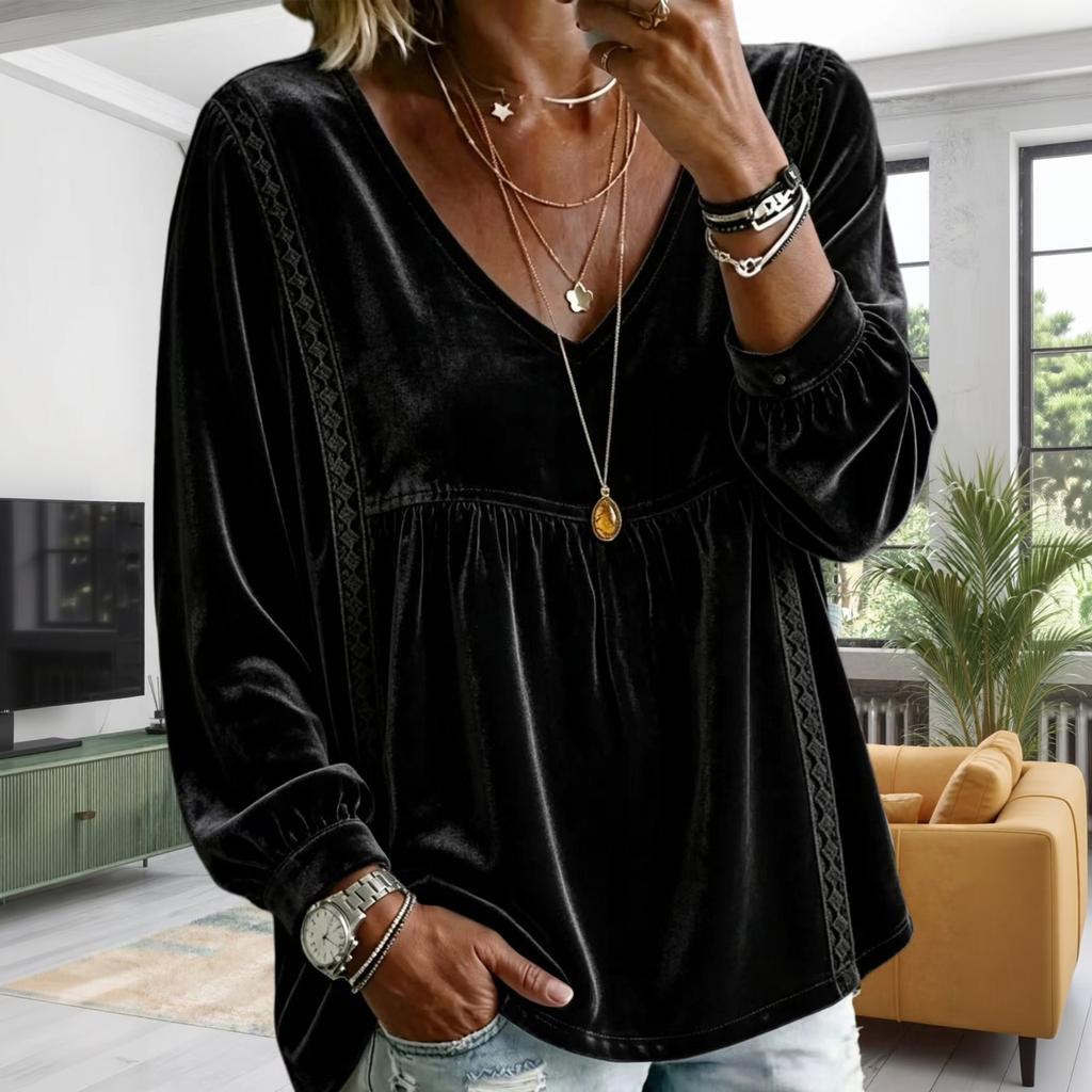 Women's V-Neck Lace Long Sleeve Blouse - Color Loose Fit Top for Everyday Wear