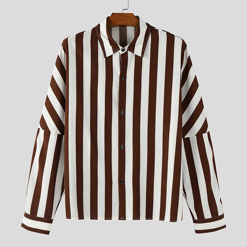 INCERUN Oversized Men Casual Lapel Neck Drop Shoulder Long Sleeve Striped Buttons Shirts Tops