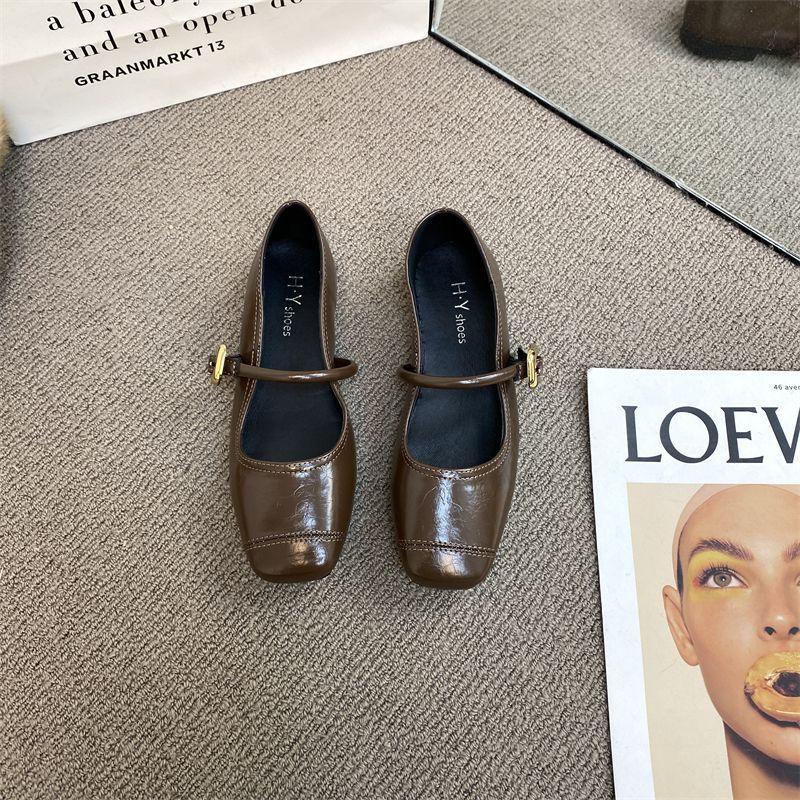 European station women's small leather shoes with square head flat bottom Mary Jane shoes shallow mouth single shoes women's large size women's sho