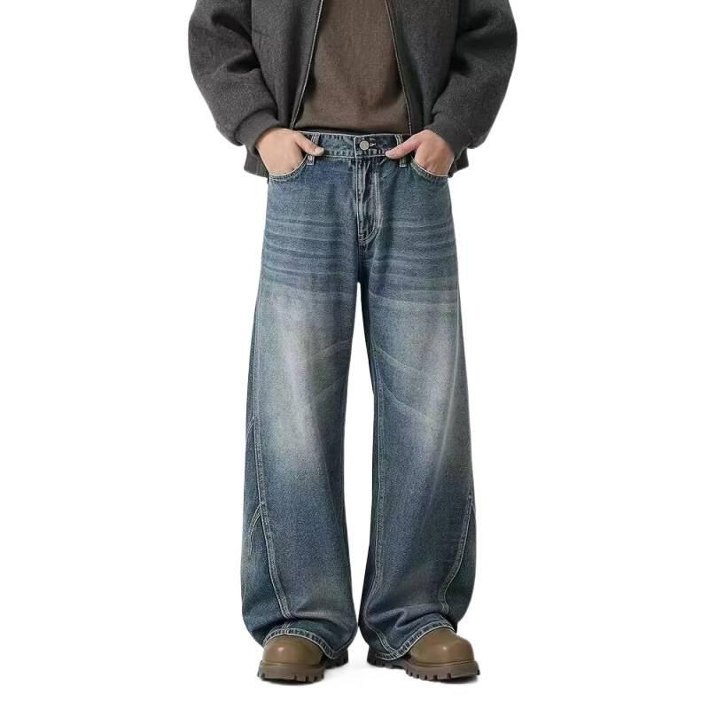 Washed Old American Retro Wide-leg Scimitar Jeans Men's Spring Trendy High Street Loose Straight Jeans Men