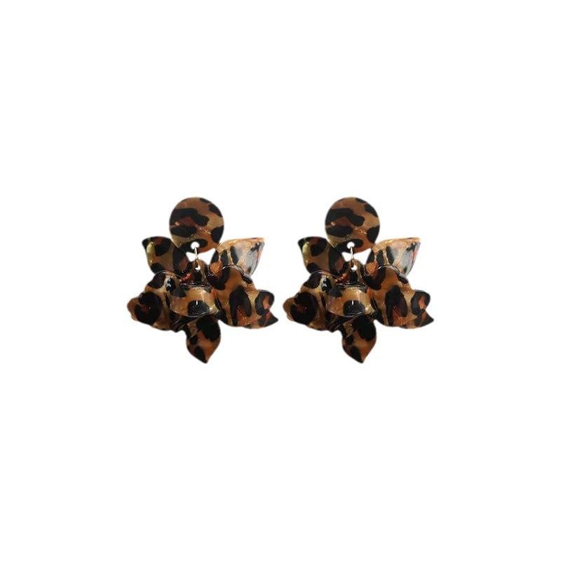 Leopard Print Flower Earrings, High Sense Retro Exaggerated Temperament Earrings, Fashionable Versatile Color Printing Earrings