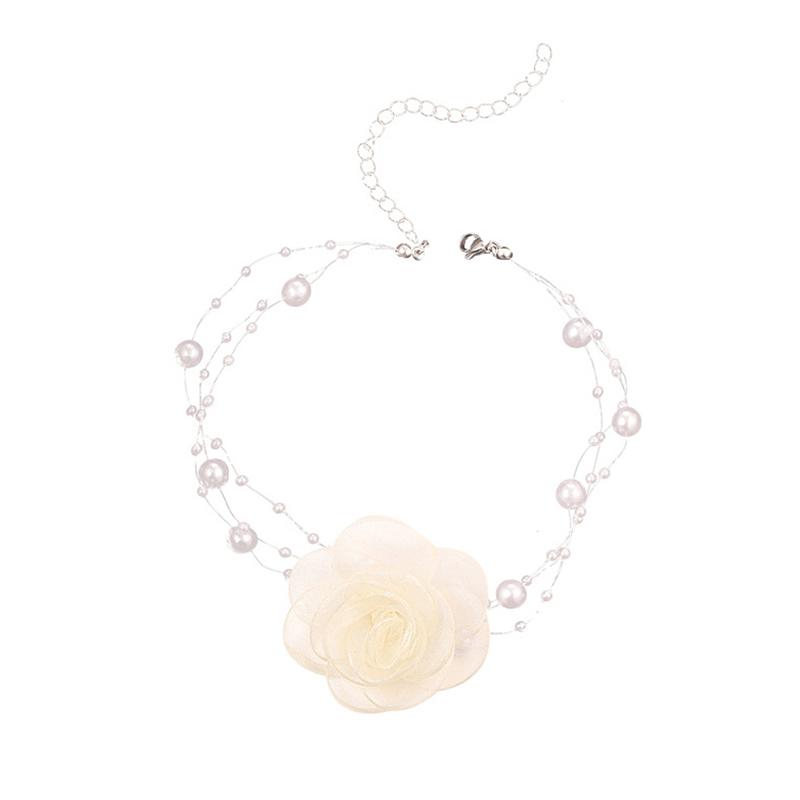 1PC Romantic Women Pearl Choker Camellia Necklace Black White Summer Clavicle Chain With Flowers Pearl Party Wedding Jewelry