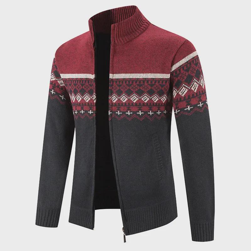 Męski jesienno-zimowy rozpinany sweter kardigan - Gruby splot, kurtka ze stójką, stylowy design