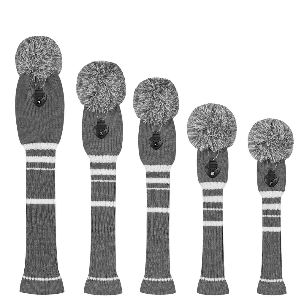 Set of 5 Knitted Golf Club Covers Gray with White for 1 Driver Wood 2 Fairway and 2 Hybrids Double-Layer (Steel Stripes) (460cc), Woods, (UT)