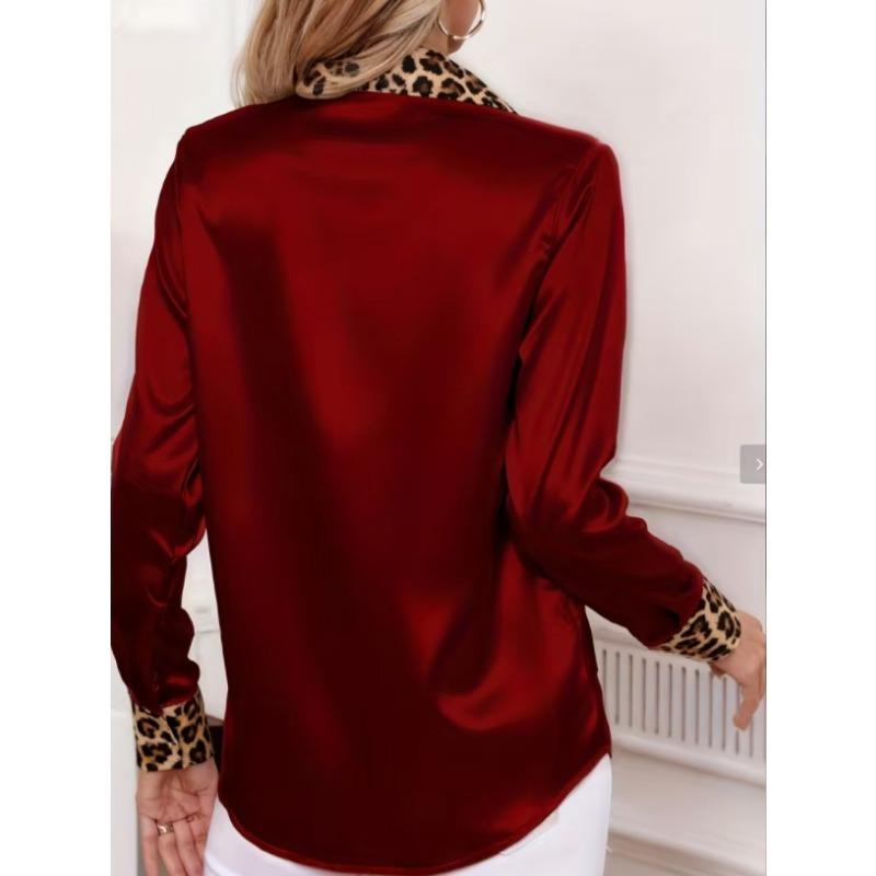 New Women's Leopard Print Long Sleeve Office Shirt Spring Autumn Lapel Casual Loose Blouse Simple Satin Elegant Solid Color Top Clothing