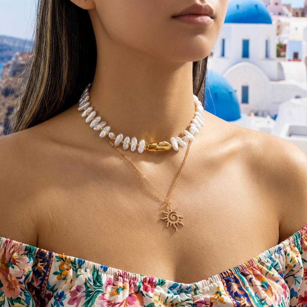 Vintage Dubbla Lager Sol Stjärna Hänge Halsband för Kvinnor Barock Imitation Pärla Lager på Lager Choker Boho Fest Vänskaps Smycken
