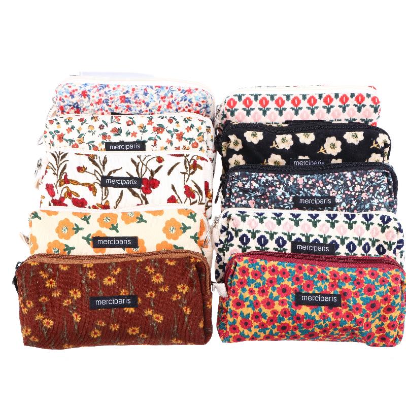 Vintage Corduroy Federmäppchen Retro Blumenmuster Federtasche Große Kapazität Schreibwaren Tasche Für Schüler Büro Make-up Aufbewahrung