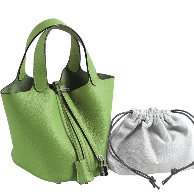 Leichter Luxus Echte Rindsleder Korb-Stil Eimer Tasche Neu für Damen Silberfarbener Schlossverschluss Oberer Griff Handtasche, KEIN LOGO