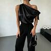 Dames Blouse Schuine Schouder Asymmetrisch Off-Shoulder Strik Blouse Casual Kantoorstijl Losse Pasvorm Satijnen Tops Dagelijkse Kleding
