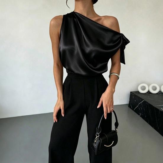 Dames Blouse Schuine Schouder Asymmetrisch Off-Shoulder Strik Blouse Casual Kantoorstijl Losse Pasvorm Satijnen Tops Dagelijkse Kleding