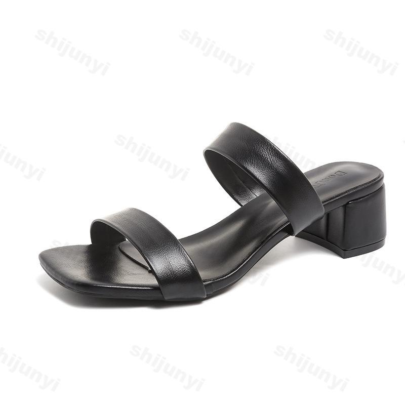 Fashion 2025 Summer New Women's Leopard Print Fashion Squared Toes Slippers Thick Heel Straight Strap Comcise Designed Open Toes Sandals