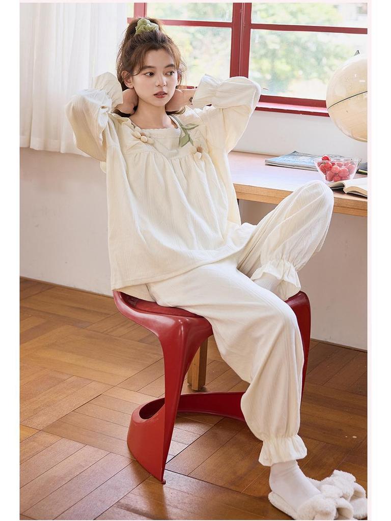 Women's Cotton Pajama Set with Chest Pads - Long Sleeve Cute Princess Style for Spring, Autumn, Winter