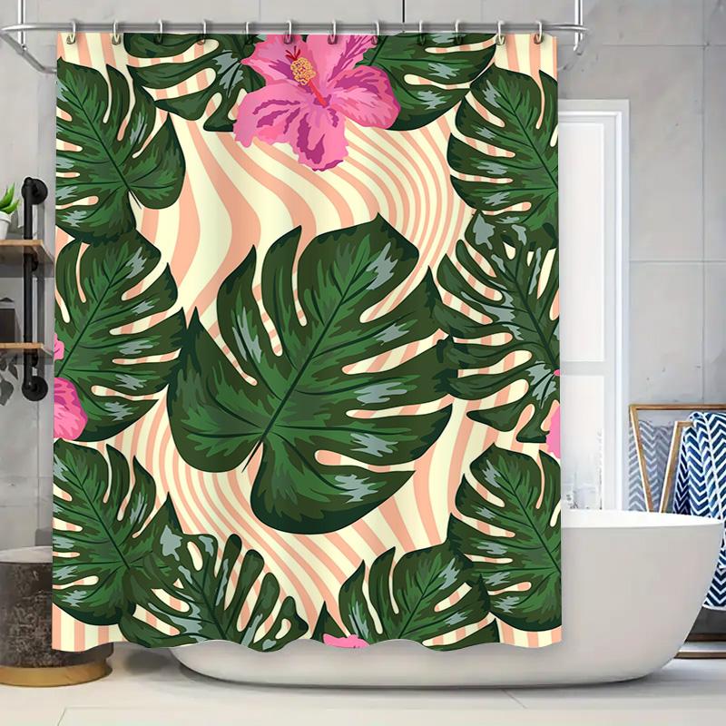 

Delightful Green Monstera Plant Hibiscus Floral Shower Curtain Pink Stripe Bath Rug Decor Privacy Glass Room Wall Tapes Waterpro W60H190(CM)-1 Pcs