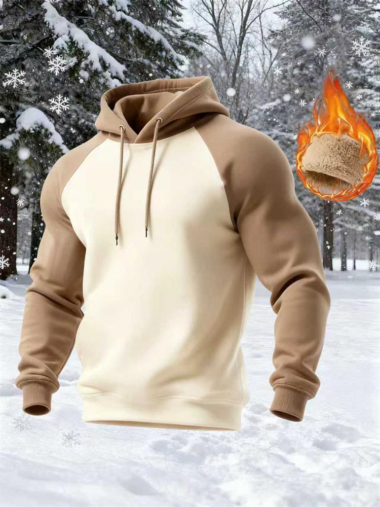 2026 Men's Retro Casual Shoulder Patch Color Loose Hooded Casual Sweatshirt with Fleece and Thickening