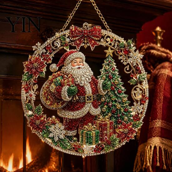 Holiday Art Decoration Christmas Faux Diamond Ornament Kit, Santa Angel Sun Catcher DIY Acrylic Detailed Printed Symbol Design Round Board,