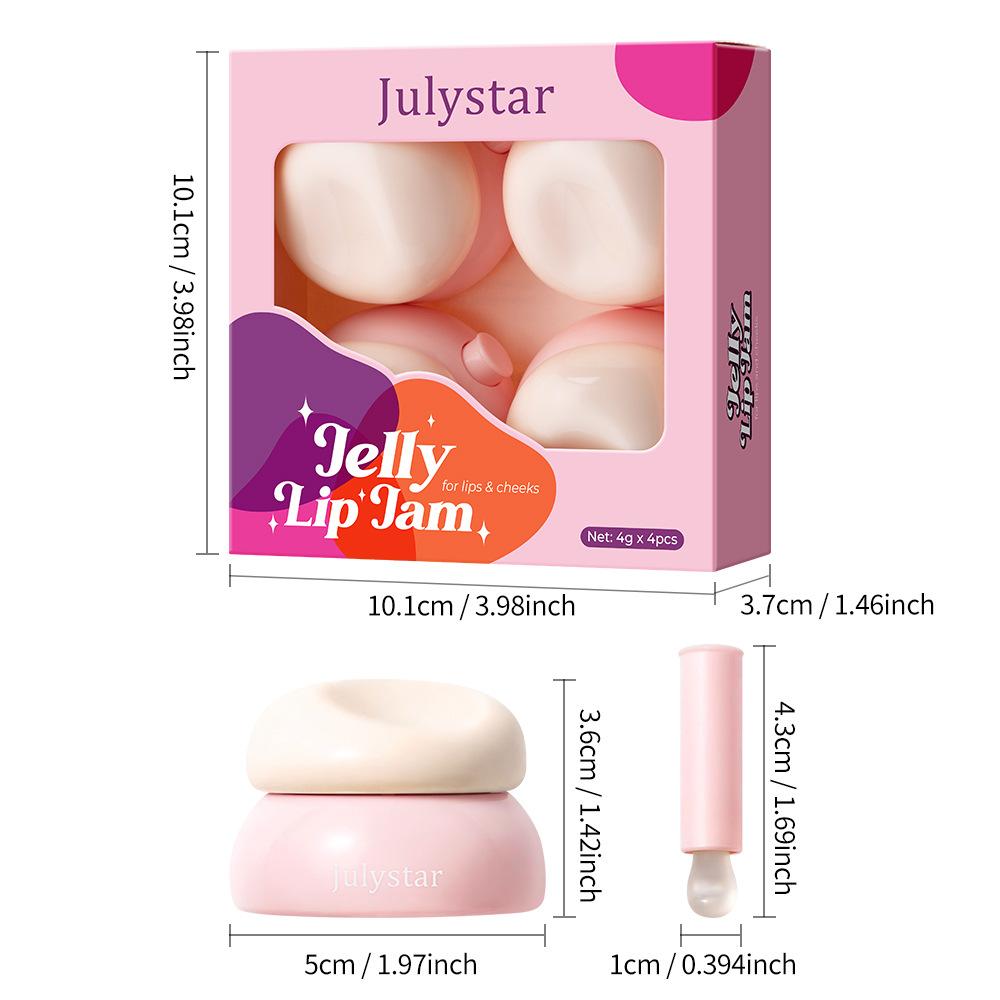 JULYSTAR 4pcs Jelly Lip Tint Set, Moisturizing Solid Lip Gloss for Lips & Cheeks, Multi-Use Hydrating Plumping Lip Balm Tinted Cheek Blush Makeup Gift