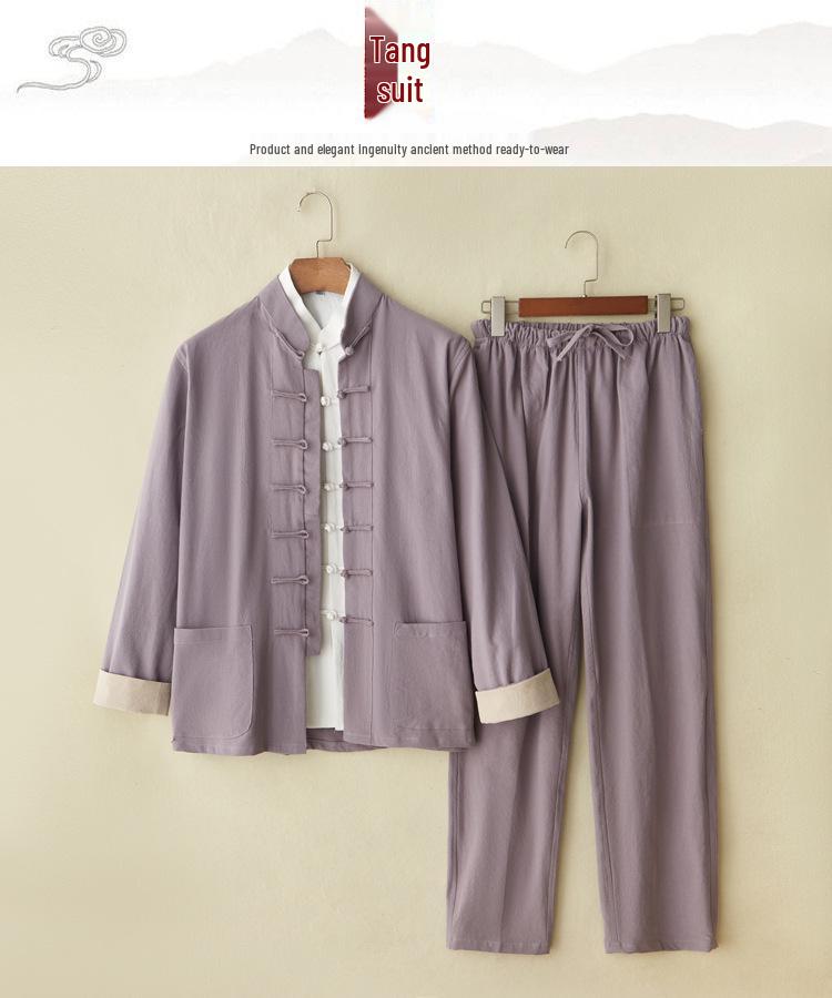 Men's Chinese Spring/Autumn Cotton Linen Tang Suit: 3-Piece Hanfu with Frog Buttons, Monk & Tea Ceremony Robe