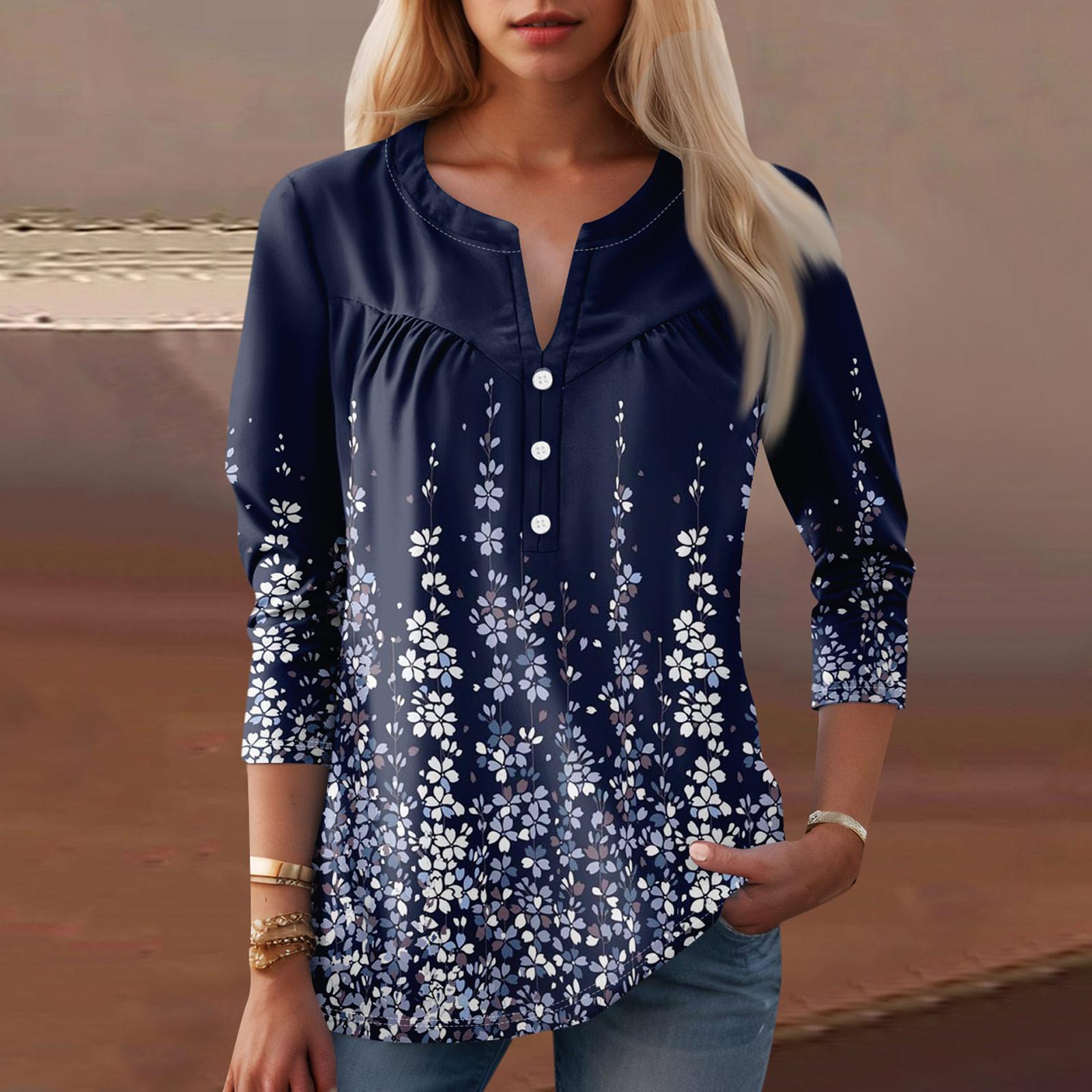 

Женская мода повседневная три четверти рукав V-образный вырез цветочный принт топ M тёмно-синий