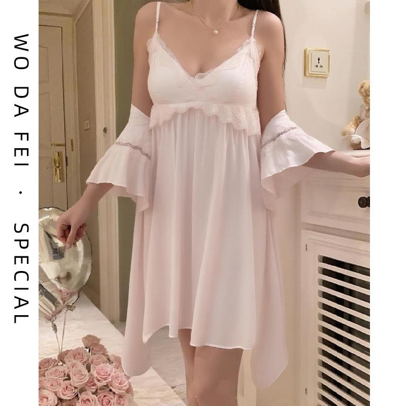 [Strict Selection] Acetate Lace Sexy Thin Natal Year Pajamas Women's French Pure Desire Wind Cool Medium and Long Pajamas