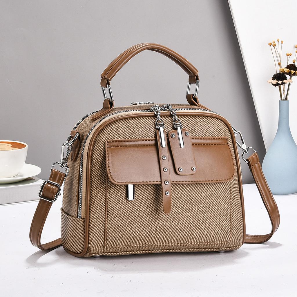New High Appearance Level Canvas Texture Fashion Trend Handbag Senior Sense Splicing Shoulder Bag Large Capacity Tide