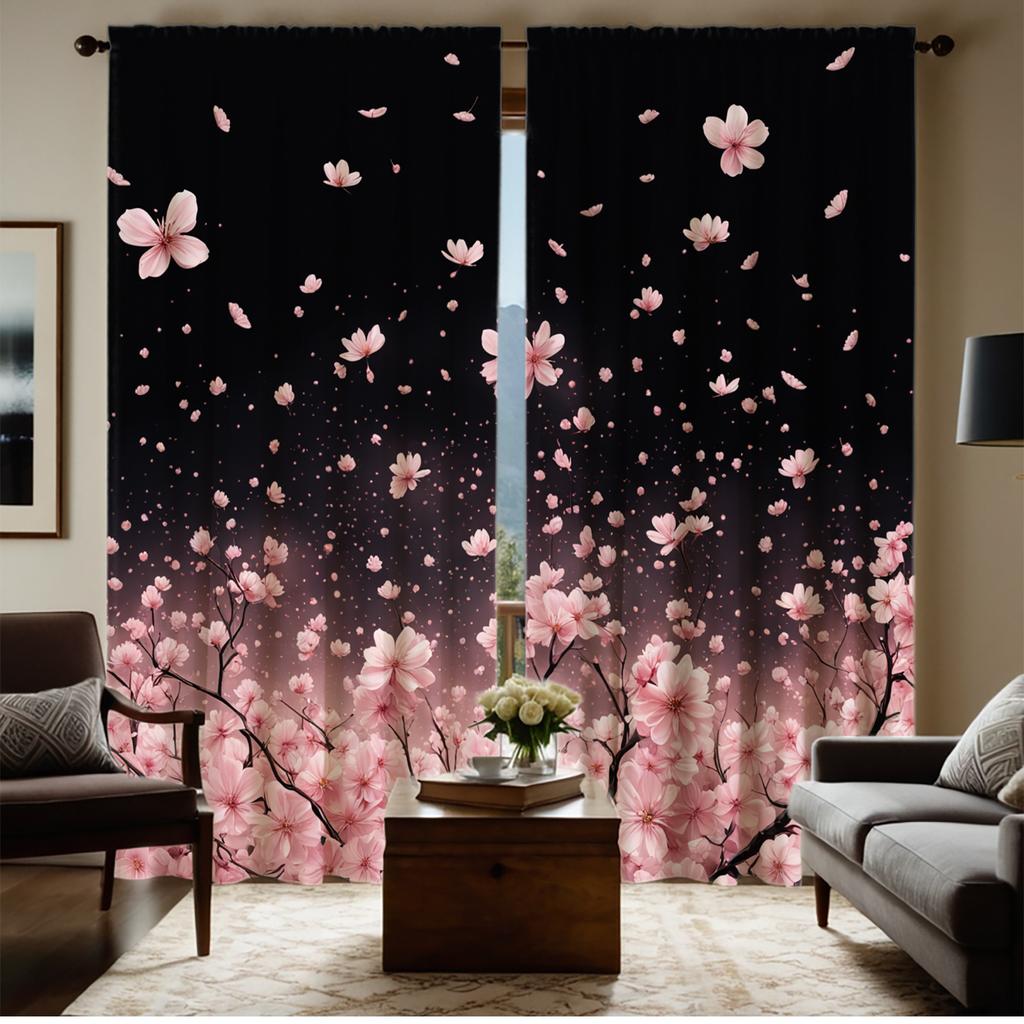 2PCS Black to Pink Cherry Blossom Print Sheer Polyester Curtains Rod Pocket Top for Living Room Bedroom Home Decor