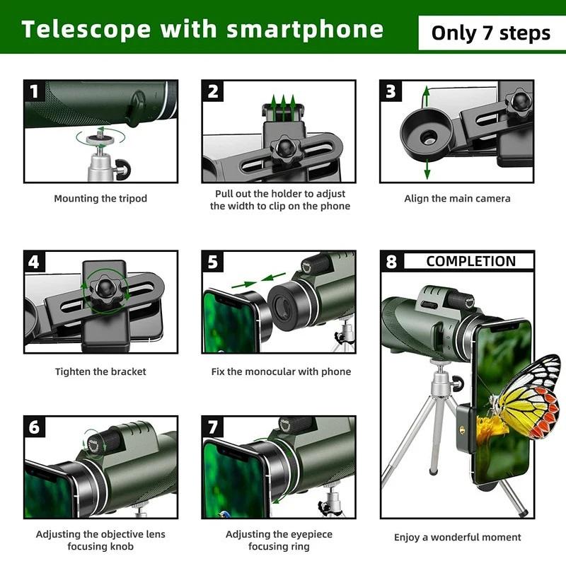 Telescopio monoculare potente con zoom HD 80x100, binocolo portatile, telescopio a lungo raggio, caccia e campeggio con treppiede e clip per telefono