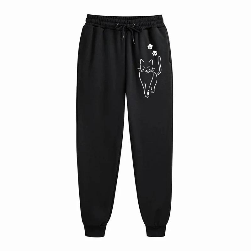 Elegant Cat Print Casual Versatile Pants Women Fashion Sports Fitness Jogging Pants Drawstring Pockets Sports Pants