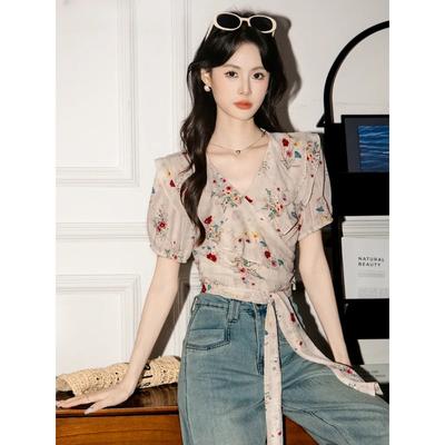 French V-neck Thin Floral Short-sleeved Shirt for Women Summer New Chiffon Slim Short Top