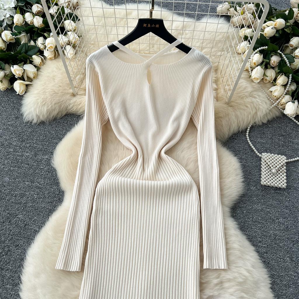 Autumn Winter Women V-neck Full Sleeve Casual Knitted Pullover Sweater Long Midi Dresses