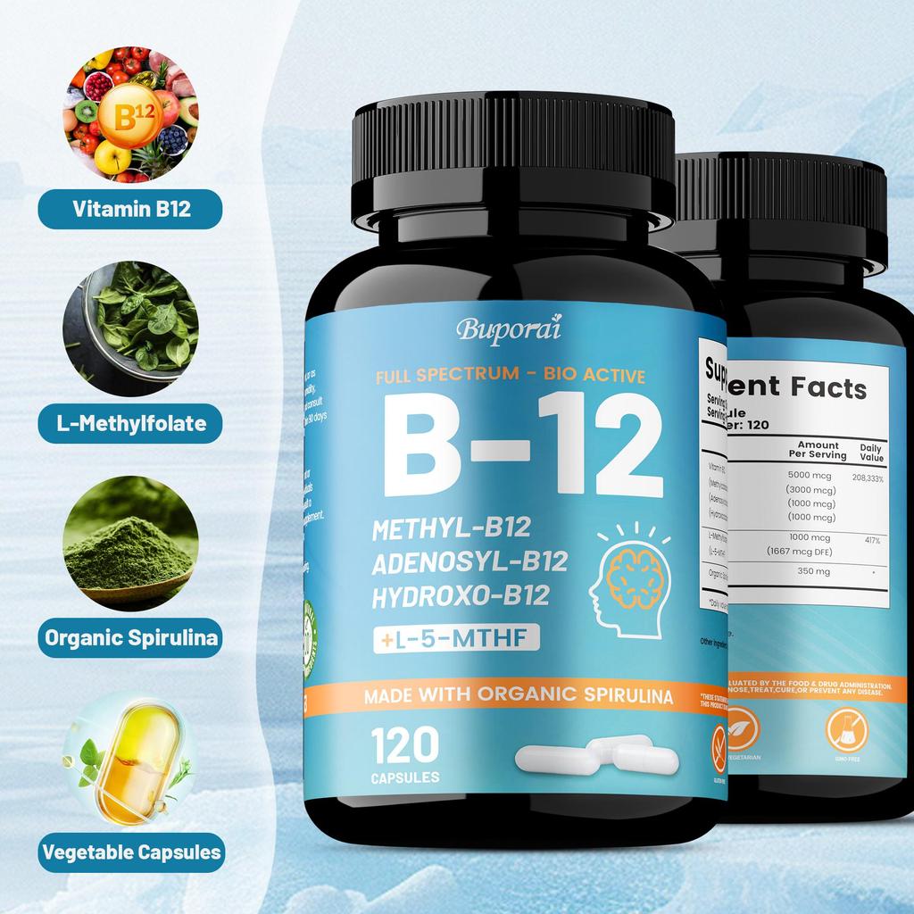 Vollspektrum-Vitamin-B12-Kapseln enthalten alle drei natürlichen Formen von Vitamin B12 und aktive Folsäure, die helfen, Energie, Konzentration und Stimmung zu steigern.